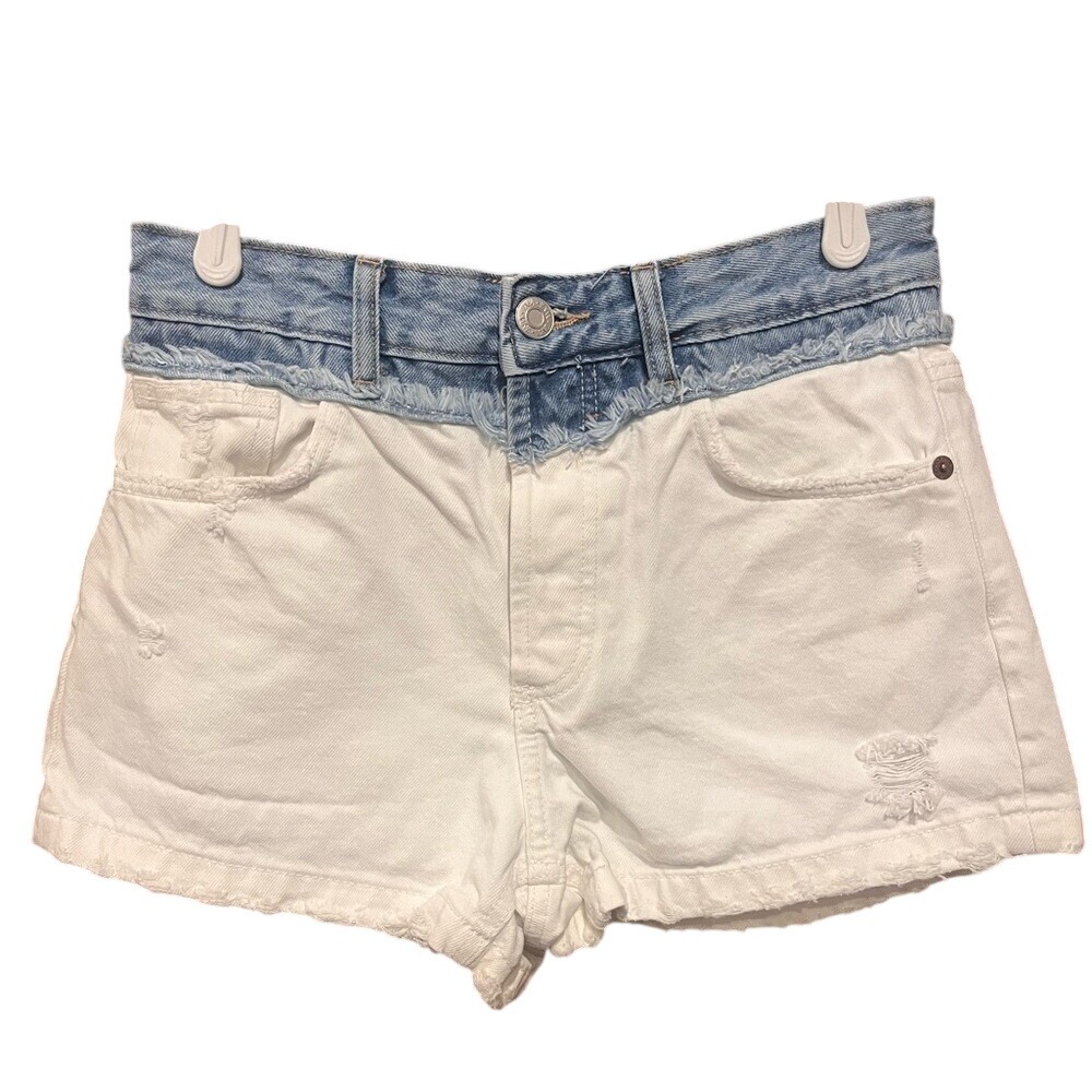 ZARA Two Tone Denim Shorts White Blue Distressed Frayed‎ High Waist Size 4